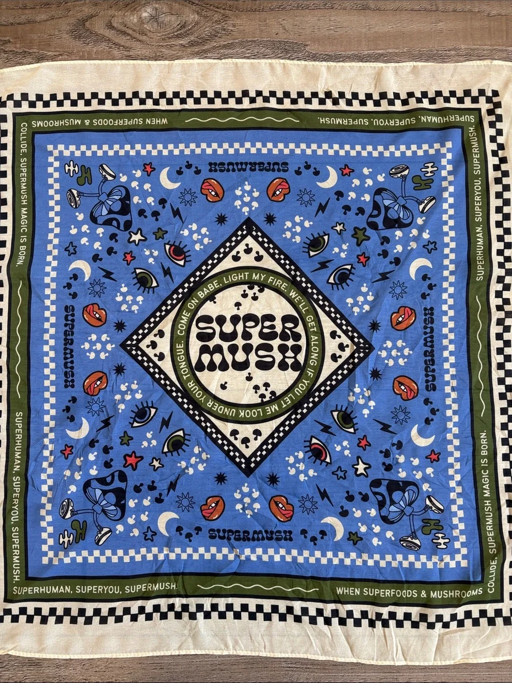 Supermush SuperYou Graphic Bandana Scarf Mushrooms Lips Eyes Moon & Star Print